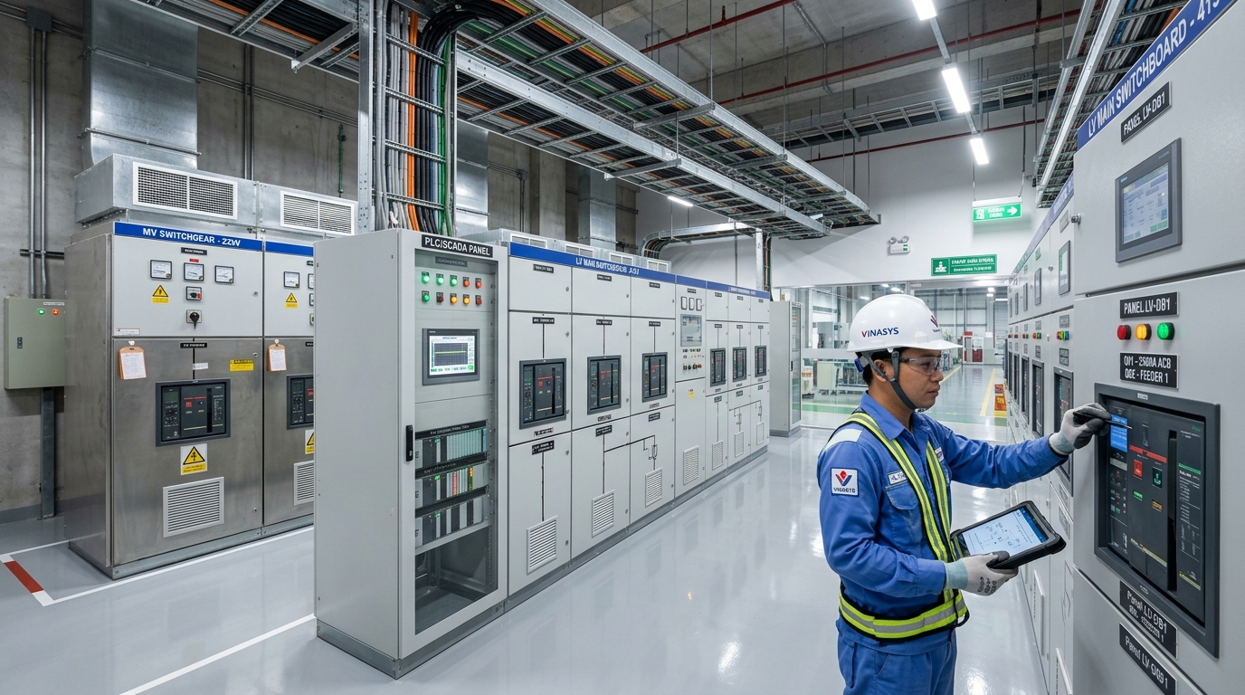 Phòng phân phối điện trung thế và tủ điều khiển tự động hóa SCADA cho nhà máy hiện đại